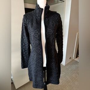 Icelandic Designs Black Textured Knit Zip Front Jacket Coat Longline Size M